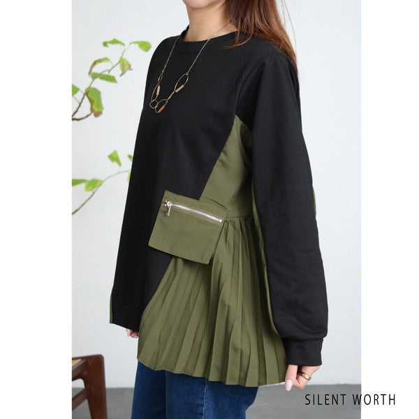 【M】サイドプリーツ切替プルオーバー 裏毛スウェット 異素材ミックス 体型カバー SILENT WORTH