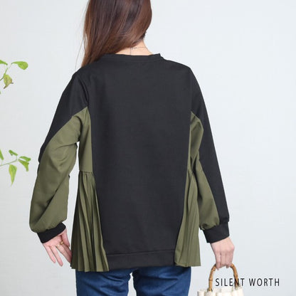 【M】サイドプリーツ切替プルオーバー 裏毛スウェット 異素材ミックス 体型カバー SILENT WORTH