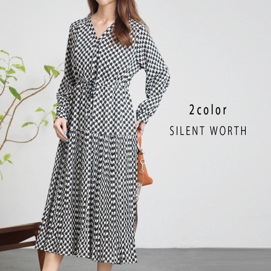 【M】幾何柄ドロストワンピース Vネック ティアード 総柄 レトロ ウエスト調節 SILENT WORTH