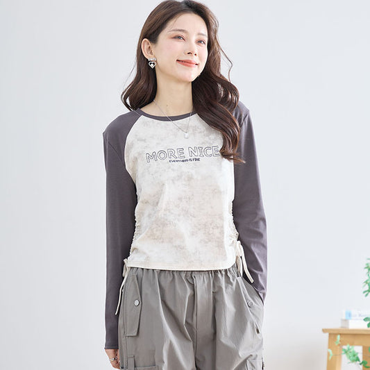 【M〜L】英字刺繍プリント ラグランスリーブ ドローストリング長袖カットソー｜TRUBE N12-208