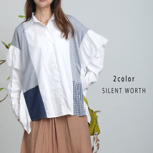 【M】パッチワークビッグシャツ リメイク風 フリル ストライプ チェック SILENT WORTH