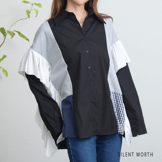 【M】パッチワークビッグシャツ リメイク風 フリル ストライプ チェック SILENT WORTH