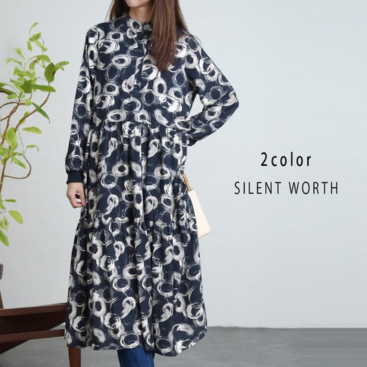 【M】変形ドット柄ティアードワンピース リブ袖 バンドカラー 総柄 レトロ アート柄 SILENT WORTH