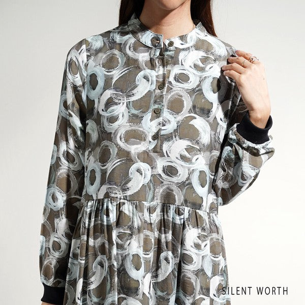 M】変形ドット柄ティアードワンピース リブ袖 バンドカラー 総柄