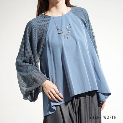 【M】袖メッシュ バルーンスリーブ プルオーバー 異素材切替 バックジップ ブラウス SILENT WORTH