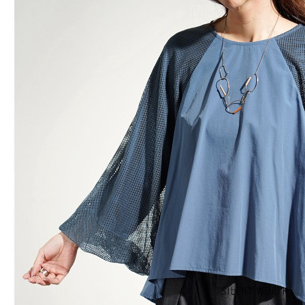 【M】袖メッシュ バルーンスリーブ プルオーバー 異素材切替 バックジップ ブラウス SILENT WORTH