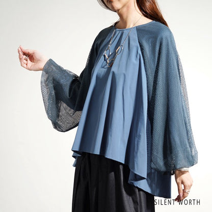 【M】袖メッシュ バルーンスリーブ プルオーバー 異素材切替 バックジップ ブラウス SILENT WORTH