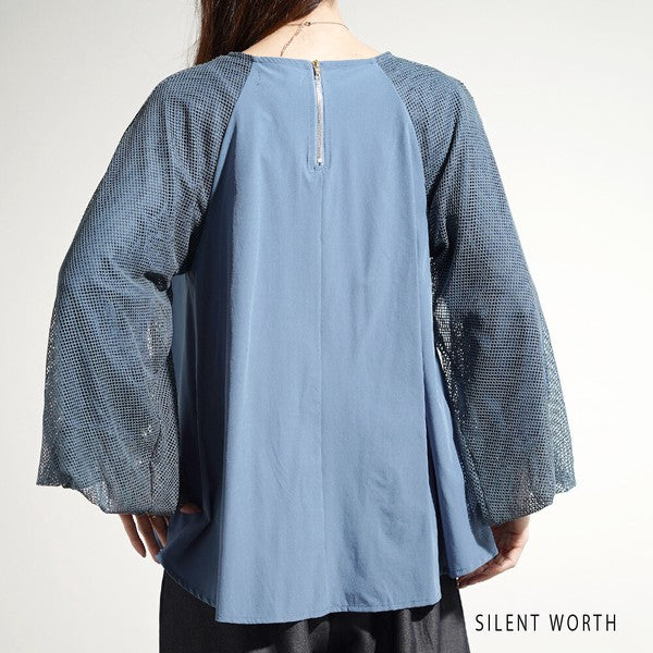 【M】袖メッシュ バルーンスリーブ プルオーバー 異素材切替 バックジップ ブラウス SILENT WORTH