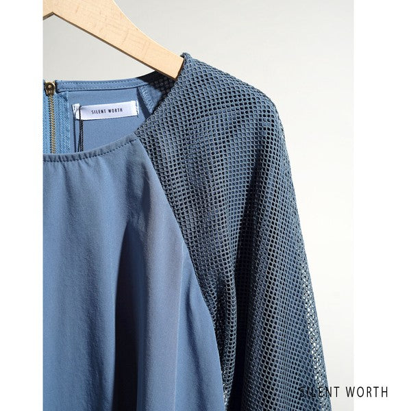 【M】袖メッシュ バルーンスリーブ プルオーバー 異素材切替 バックジップ ブラウス SILENT WORTH