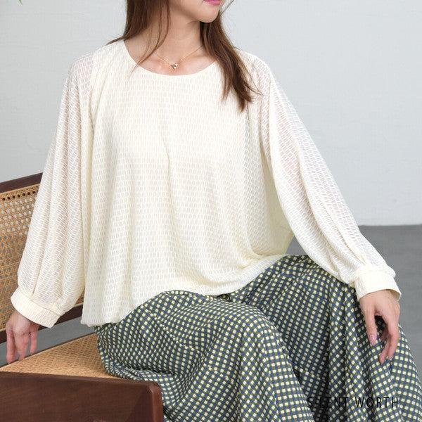 【M】シアージャカードバルーンプルオーバー ぽわん袖 クルーネック 透け感 大人可愛い SILENT WORTH