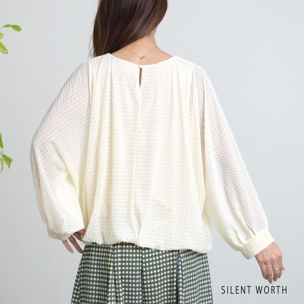 【M】シアージャカードバルーンプルオーバー ぽわん袖 クルーネック 透け感 大人可愛い SILENT WORTH