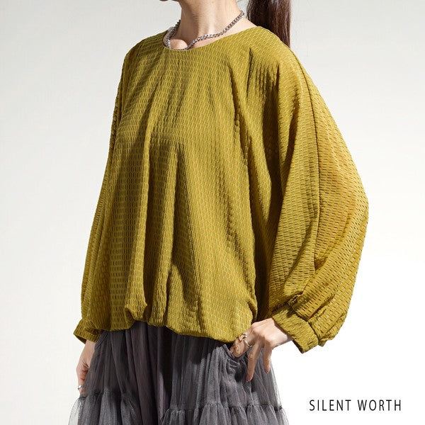 【M】シアージャカードバルーンプルオーバー ぽわん袖 クルーネック 透け感 大人可愛い SILENT WORTH