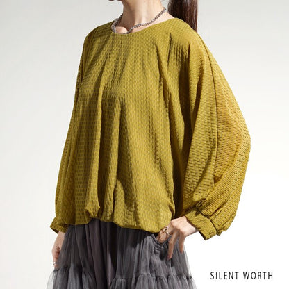 【M】シアージャカードバルーンプルオーバー ぽわん袖 クルーネック 透け感 大人可愛い SILENT WORTH