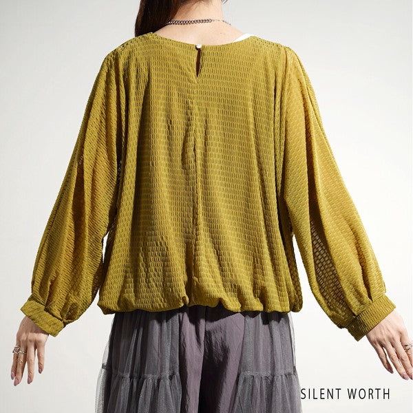 【M】シアージャカードバルーンプルオーバー ぽわん袖 クルーネック 透け感 大人可愛い SILENT WORTH