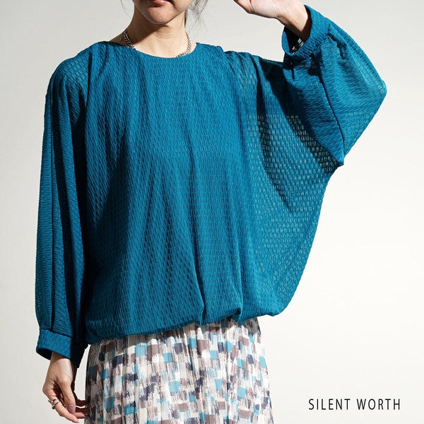 【M】シアージャカードバルーンプルオーバー ぽわん袖 クルーネック 透け感 大人可愛い SILENT WORTH