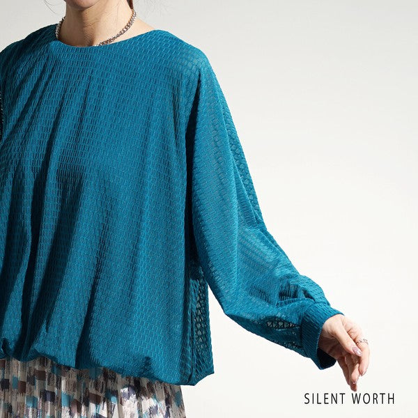 【M】シアージャカードバルーンプルオーバー ぽわん袖 クルーネック 透け感 大人可愛い SILENT WORTH