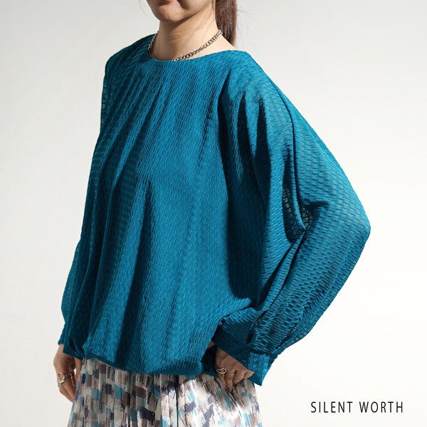 【M】シアージャカードバルーンプルオーバー ぽわん袖 クルーネック 透け感 大人可愛い SILENT WORTH