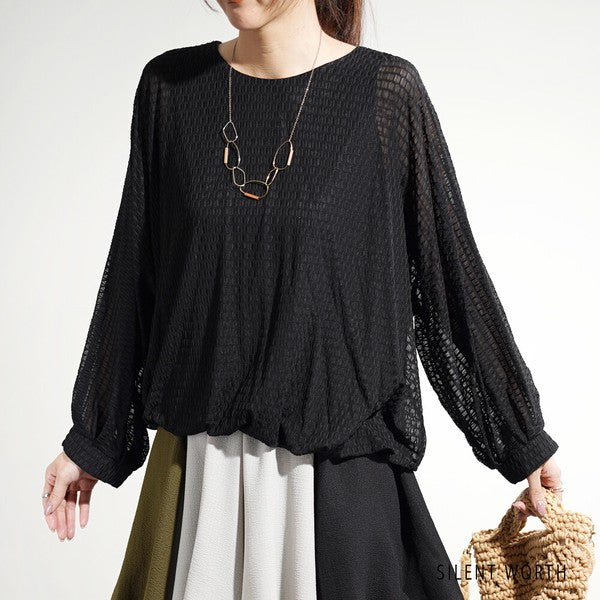 【M】シアージャカードバルーンプルオーバー ぽわん袖 クルーネック 透け感 大人可愛い SILENT WORTH