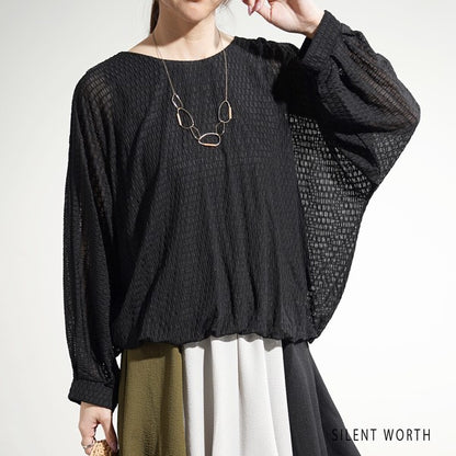 【M】シアージャカードバルーンプルオーバー ぽわん袖 クルーネック 透け感 大人可愛い SILENT WORTH