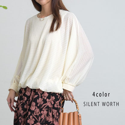 【M】シアージャカードバルーンプルオーバー ぽわん袖 クルーネック 透け感 大人可愛い SILENT WORTH