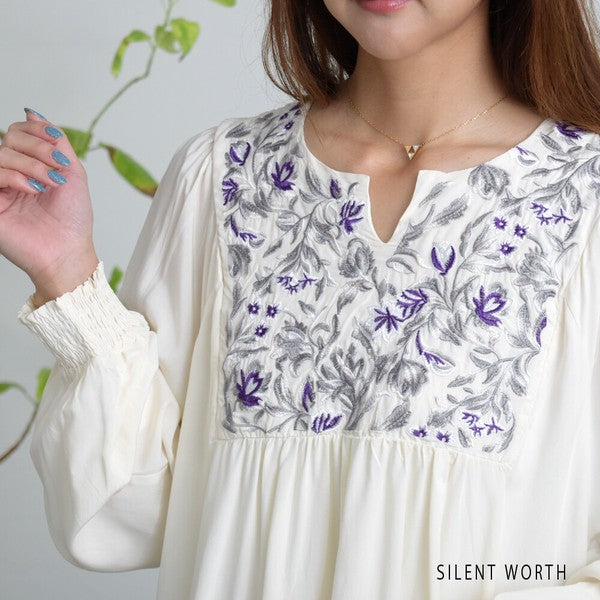 刺繍 キーネック マキシ ワンピース 長袖 ウエストリボン ゆったり 体型カバー 秋冬 M
