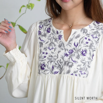 刺繍 キーネック マキシ ワンピース 長袖 ウエストリボン ゆったり 体型カバー 秋冬 M