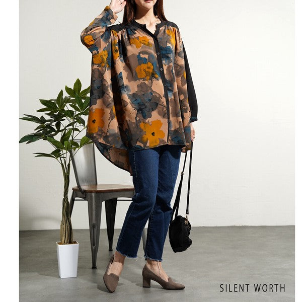 【M】ペイント柄 配色切替 ビッグシャツ ぼかし花柄 チュニック オーバーサイズ SILENT WORTH