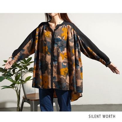 【M】ペイント柄 配色切替 ビッグシャツ ぼかし花柄 チュニック オーバーサイズ SILENT WORTH