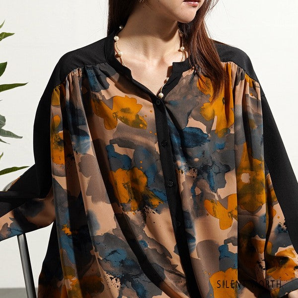 【M】ペイント柄 配色切替 ビッグシャツ ぼかし花柄 チュニック オーバーサイズ SILENT WORTH