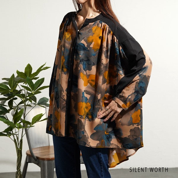 【M】ペイント柄 配色切替 ビッグシャツ ぼかし花柄 チュニック オーバーサイズ SILENT WORTH