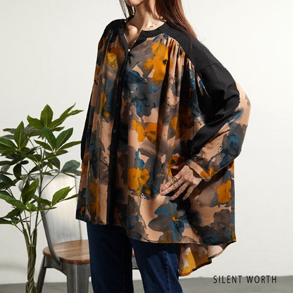 【M】ペイント柄 配色切替 ビッグシャツ ぼかし花柄 チュニック オーバーサイズ SILENT WORTH