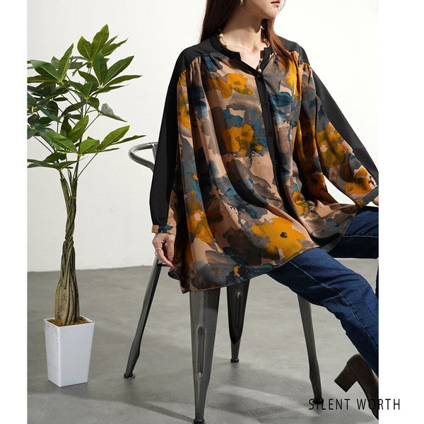 【M】ペイント柄 配色切替 ビッグシャツ ぼかし花柄 チュニック オーバーサイズ SILENT WORTH