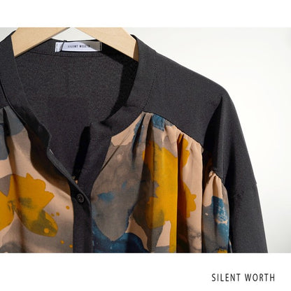 【M】ペイント柄 配色切替 ビッグシャツ ぼかし花柄 チュニック オーバーサイズ SILENT WORTH