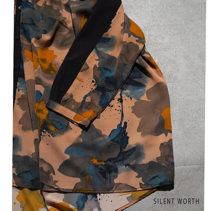 【M】ペイント柄 配色切替 ビッグシャツ ぼかし花柄 チュニック オーバーサイズ SILENT WORTH