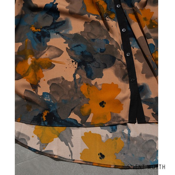 【M】ペイント柄 配色切替 ビッグシャツ ぼかし花柄 チュニック オーバーサイズ SILENT WORTH