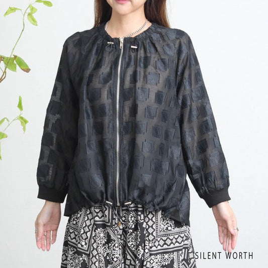 【M】オーガンジー ジップアップ ブルゾン 透け感 ドローコード リブ切替 ライトアウター SILENT WORTH
