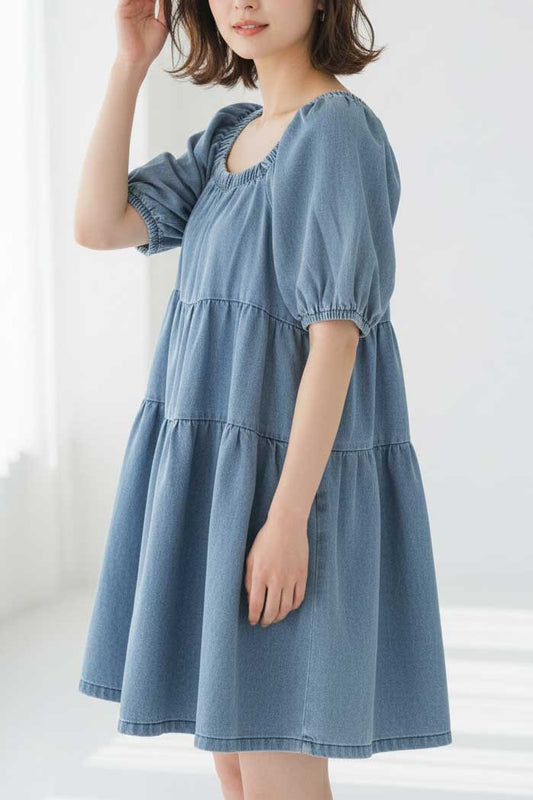 上質 デニム ティアード チュニック ミニワンピース 2WAY 半袖 体型カバー