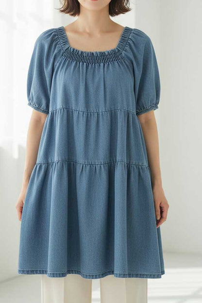 上質 デニム ティアード チュニック ミニワンピース 2WAY 半袖 パフスリーブ ゆったり 体型カバー M L