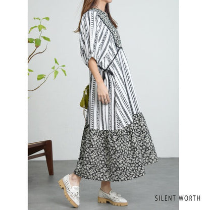 【Mサイズ】SILENT WORTH モノトーンプリント切替マキシワンピース｜ゆったり体型カバー・上品エスニック柄・五分袖 C-3273