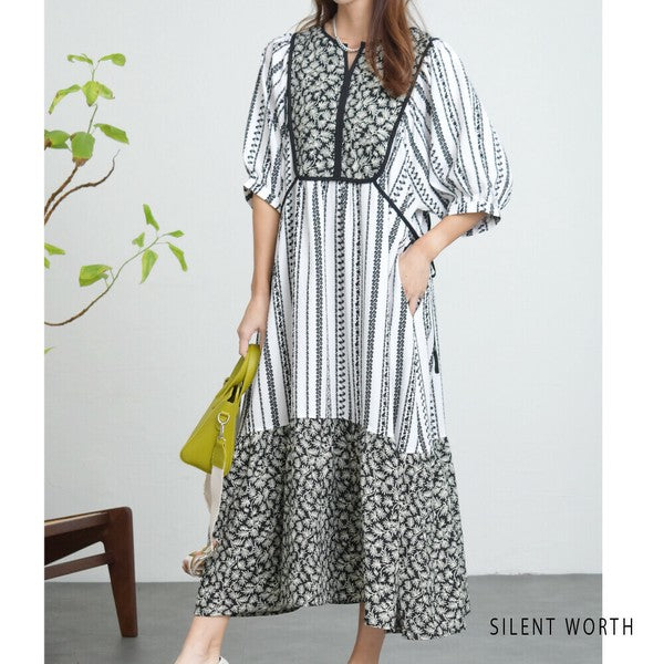 【Mサイズ】SILENT WORTH モノトーンプリント切替マキシワンピース｜ゆったり体型カバー・上品エスニック柄・五分袖 C-3273