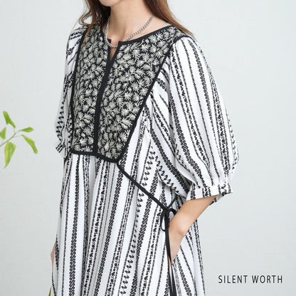 【Mサイズ】SILENT WORTH モノトーンプリント切替マキシワンピース｜ゆったり体型カバー・上品エスニック柄・五分袖 C-3273