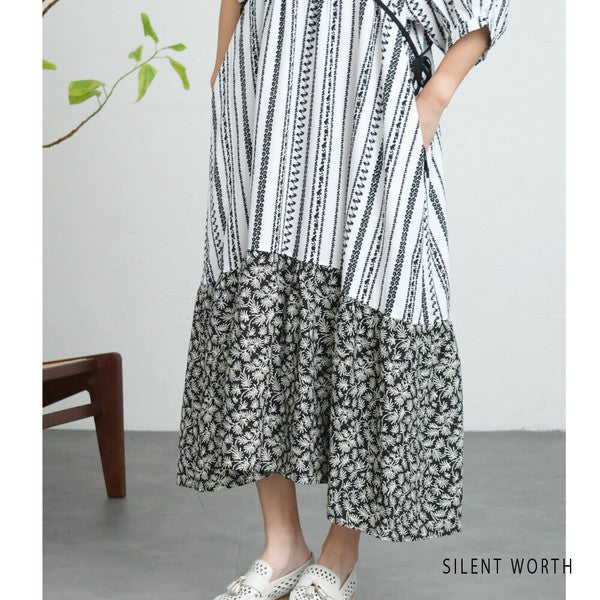 【Mサイズ】SILENT WORTH モノトーンプリント切替マキシワンピース｜ゆったり体型カバー・上品エスニック柄・五分袖 C-3273