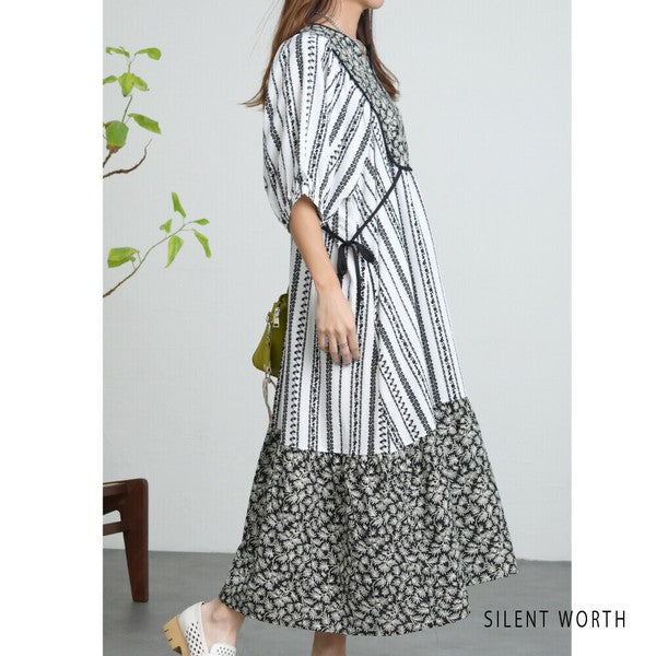 【Mサイズ】SILENT WORTH モノトーンプリント切替マキシワンピース｜ゆったり体型カバー・上品エスニック柄・五分袖 C-3273