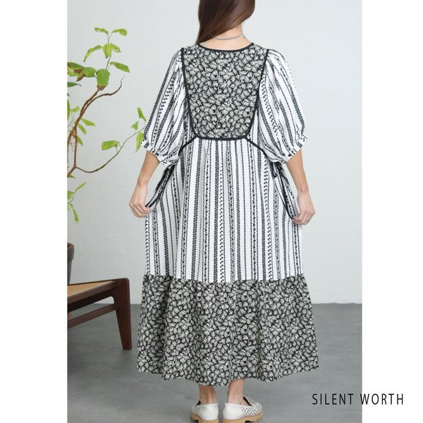 【Mサイズ】SILENT WORTH モノトーンプリント切替マキシワンピース｜ゆったり体型カバー・上品エスニック柄・五分袖 C-3273