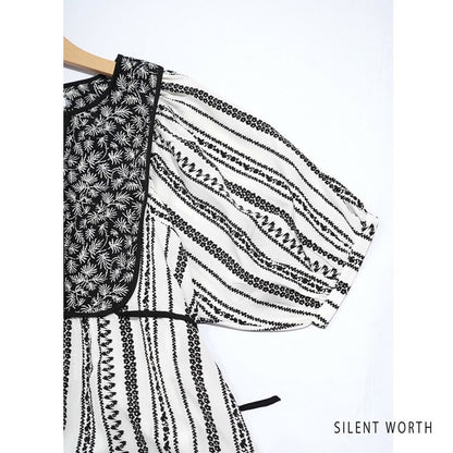 【Mサイズ】SILENT WORTH モノトーンプリント切替マキシワンピース｜ゆったり体型カバー・上品エスニック柄・五分袖 C-3273