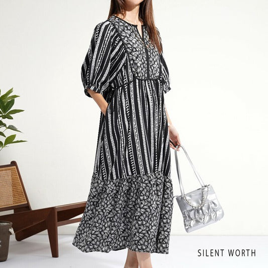 【Mサイズ】SILENT WORTH モノトーンプリント切替マキシワンピース｜ゆったり体型カバー・上品エスニック柄・五分袖 C-3273