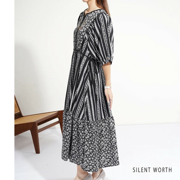 【Mサイズ】SILENT WORTH モノトーンプリント切替マキシワンピース｜ゆったり体型カバー・上品エスニック柄・五分袖 C-3273