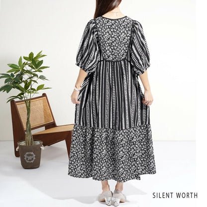 【Mサイズ】SILENT WORTH モノトーンプリント切替マキシワンピース｜ゆったり体型カバー・上品エスニック柄・五分袖 C-3273