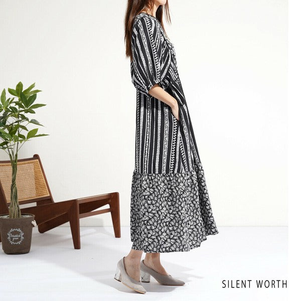 【Mサイズ】SILENT WORTH モノトーンプリント切替マキシワンピース｜ゆったり体型カバー・上品エスニック柄・五分袖 C-3273