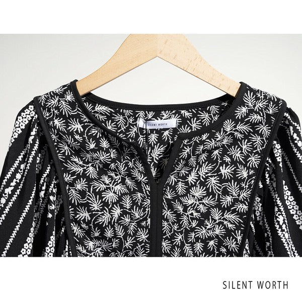 【Mサイズ】SILENT WORTH モノトーンプリント切替マキシワンピース｜ゆったり体型カバー・上品エスニック柄・五分袖 C-3273